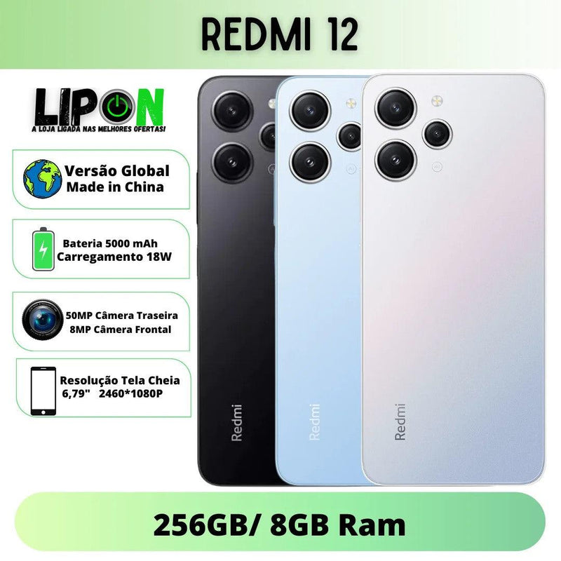 Xiaomi Redmi 12 256GB 8GB de memória RAM Versão Global | Smartphone 4G, Câmera 50MP, Carregador 18W - Lipon Store